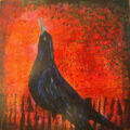 painting of a blackbird looking up on a red background