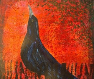 painting of a blackbird looking up on a red background