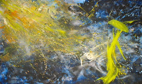 abstract expressionist style painting with blue yellow and black