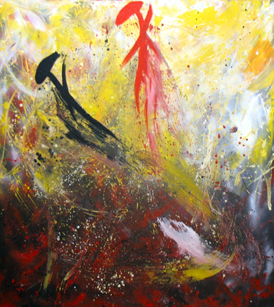 abstract expressionist style painting in warm colors mostly yellow and red with some black