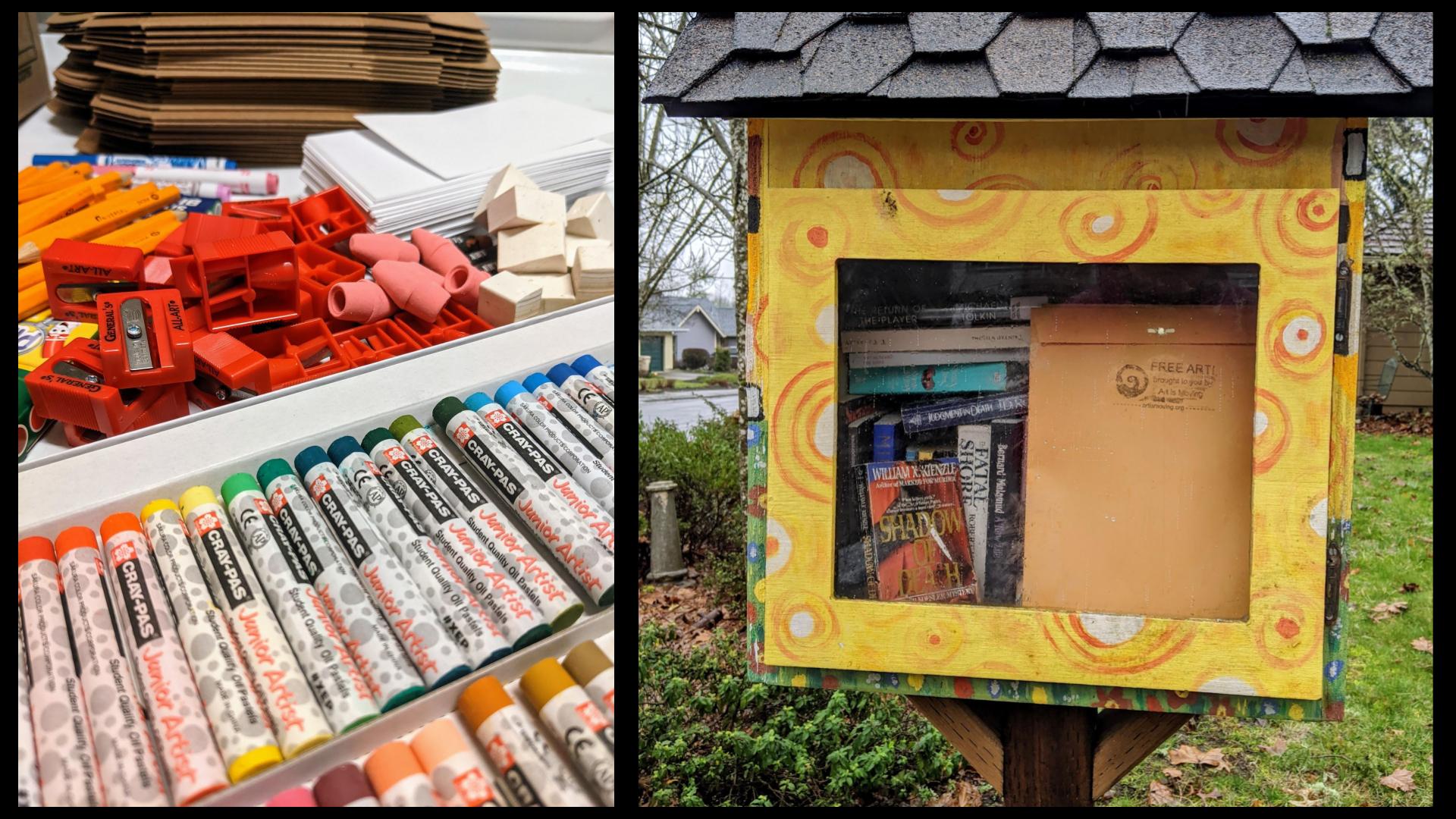 the left image is a pile of a variety of art supplies and the image on the right is a free art packet inside a little library