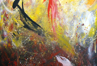 abstract expressionist style painting in warm colors mostly yellow and red with some black