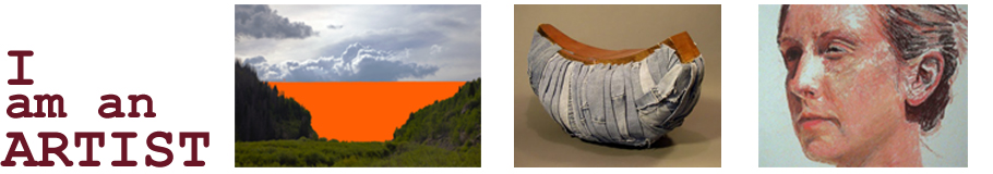 header with three images - one is a photograph of a landscape that has been altered to have a block of orange color across the horizon, the second is a sculpture in the shape of a crescent wrapped in scraps of denim and the third is a painted portrait of a woman
