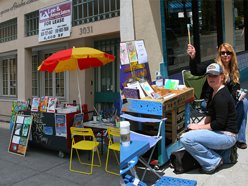 two images side by side, the first an art cart with a table next to it full of art supplies sitting on a street corner, the other two woman next to an art cart getting ready to let people make art for free.
