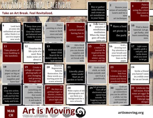 Check out this free calendar with daily ideas to take an art break courtesy of Art is Moving!