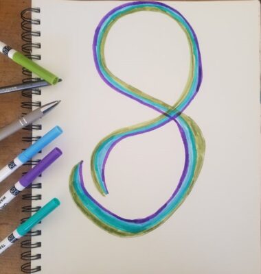 green blue and purple draw in the shape of the number eight