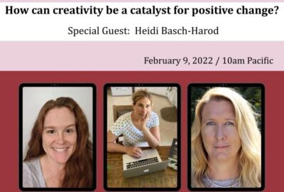 Placard with photographs of Lauren Sharpton, Heidi Basch-Harod and Lisa Rasmussen and the questions How can creativity be a catalyst for positive change?
